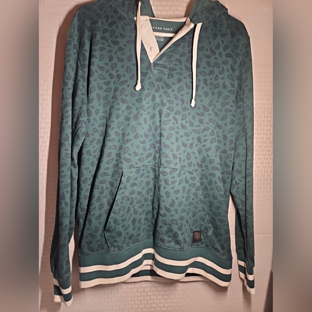 American Eagle Womens Green White Paisley Pullover Hoodie Sweatshirt Sweater Top